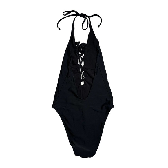 Aerie Solid Black Lace Up Front Plunge One Piece Halter Swimsuit Maillot Size M - Picture 4 of 7